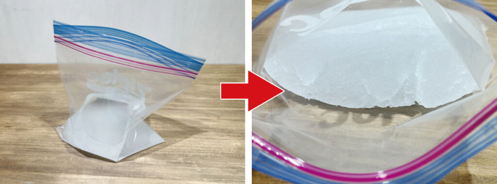 「エスまるくん」凝固剤テスト:1~2分ほどでゼリー状に固まりました