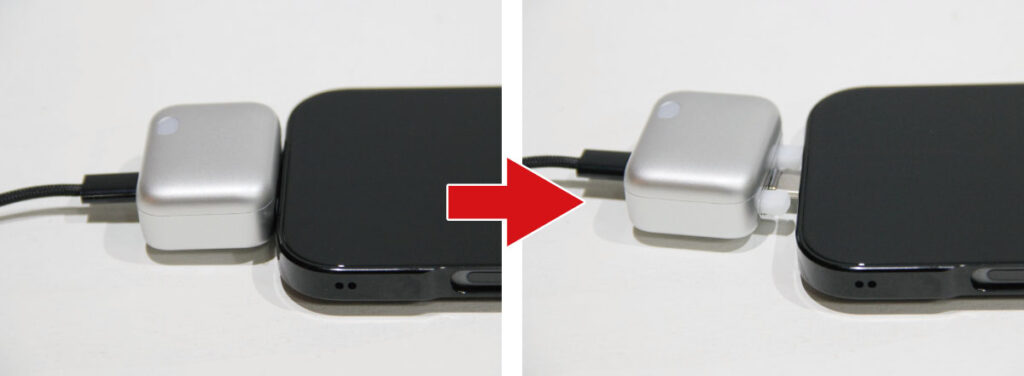 満充電を検知したフル充電セパレーターのプッシュロッドが伸び、スマホのポートからコネクタが押し出される前後の比較