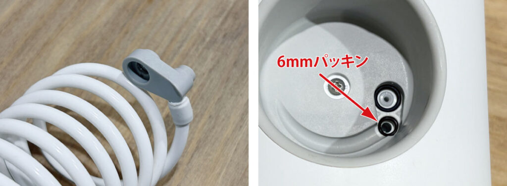 ホースを引き抜いた差し込み口。上下2つのゴムパッキンのうち下が6mmパッキン