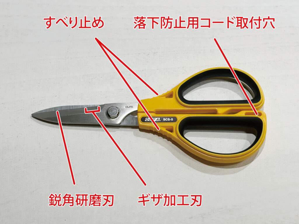 ワークばさみ250Bの鋭角研磨刃・ギザ加工刃・すべり止め・落下防止用コード取付穴の位置