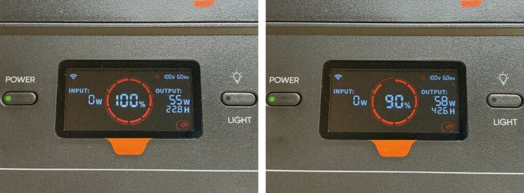 電気ひざ掛けを使い始めたときの画面（残量100％・55W）と3時間後の画面（残量90％・58W）