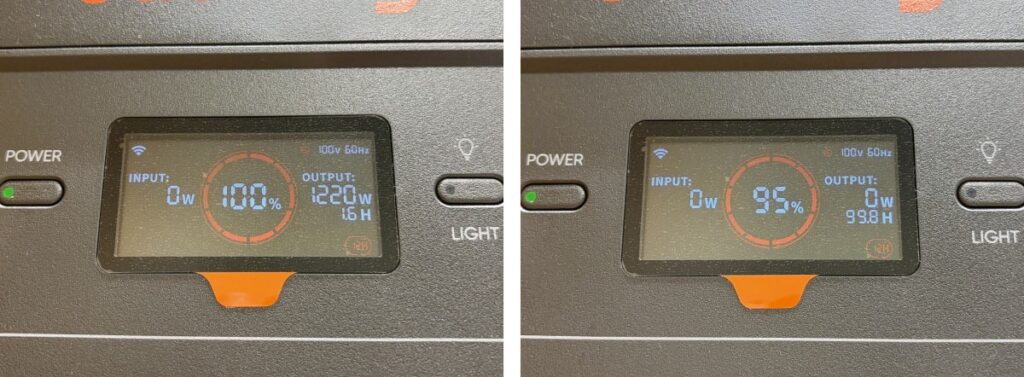 電気ケトルでお湯を沸かしている途中の画面（出力1220W・残量100％）と沸かした後の画面（残量95％）
